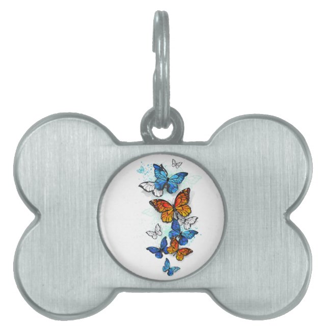 Flygande Butterflies Morpho och Monarch ID-bricka Husdjur (Framsidan)