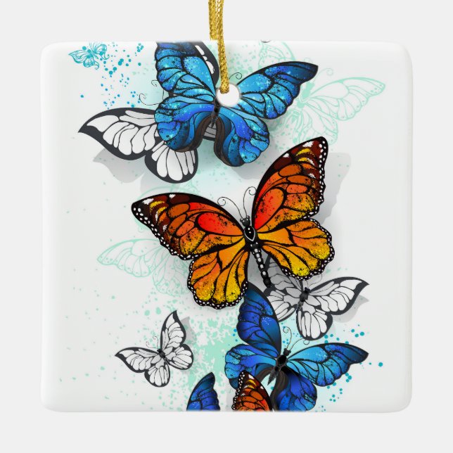 Flygande Butterflies Morpho och Monarch Julgransprydnad Keramik (Framsida)