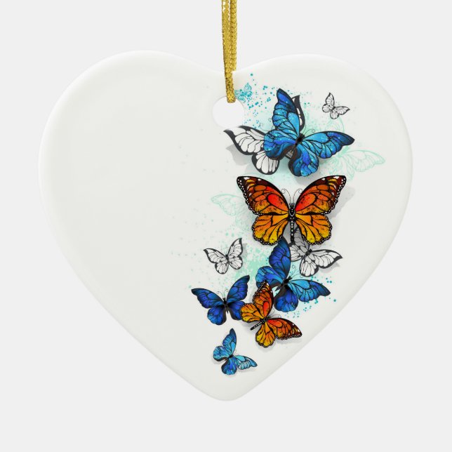 Flygande Butterflies Morpho och Monarch Julgransprydnad Keramik (Framsidan)