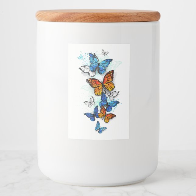 Flygande Butterflies Morpho och Monarch Mat Etikett (Framsida)