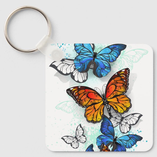Flygande Butterflies Morpho och Monarch Nyckelring (Framsida)