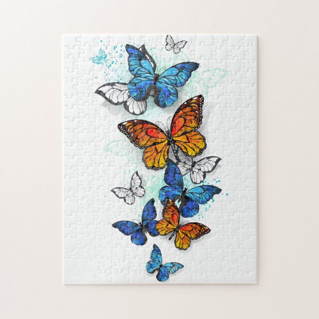 Flygande Butterflies Morpho och Monarch Pussel (Vertikal)