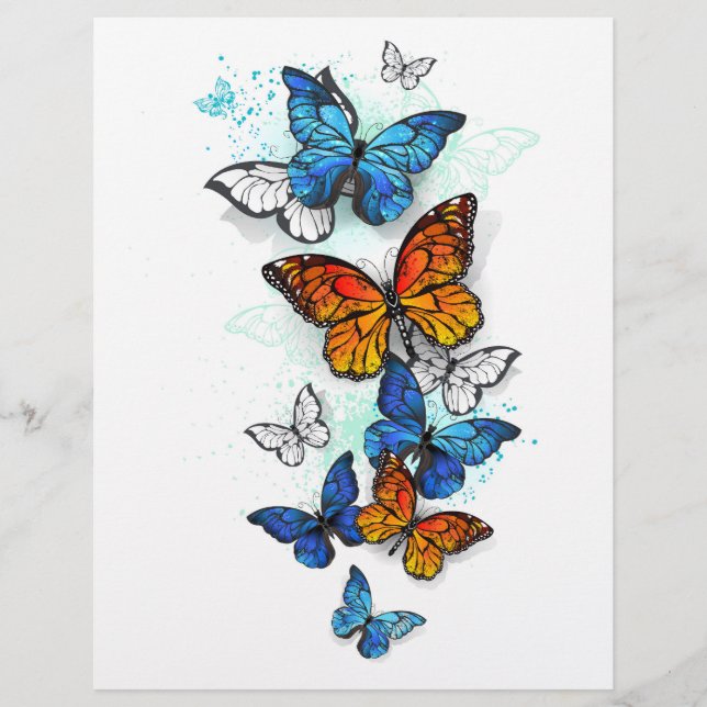 Flygande Butterflies Morpho och Monarch Reklamblad (Framsidan)