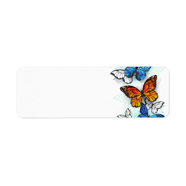 Flygande Butterflies Morpho och Monarch Returadress Etikett (Framsidan)
