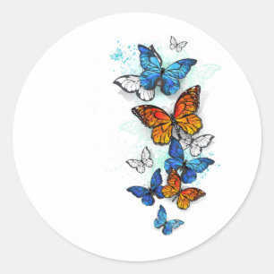 Flygande Butterflies Morpho och Monarch Runt Klistermärke