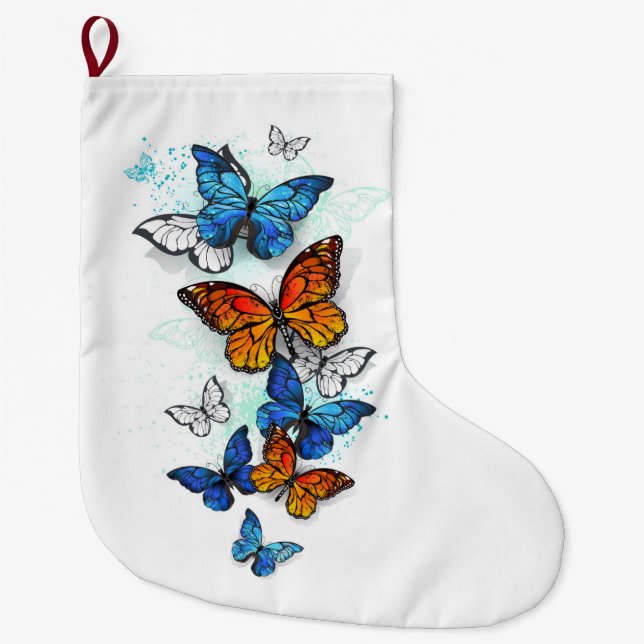 Flygande Butterflies Morpho och Monarch Stor Julstrumpa (Framsidan)