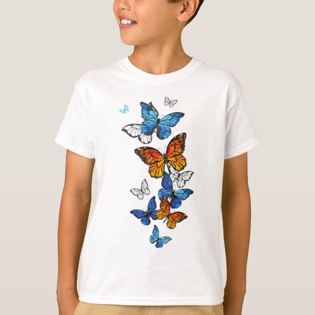 Flygande Butterflies Morpho och Monarch T Shirt (Framsida)