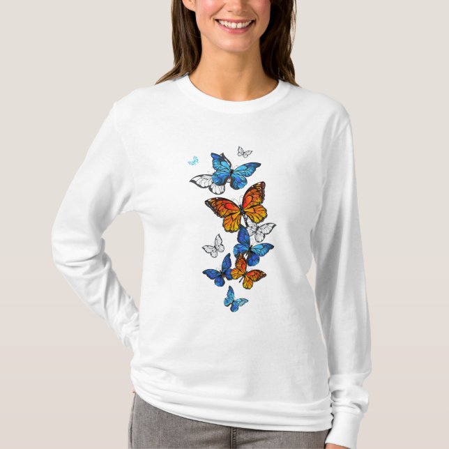 Flygande Butterflies Morpho och Monarch T Shirt (Framsida)