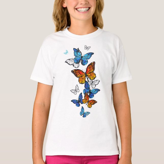 Flygande Butterflies Morpho och Monarch T Shirt (Framsida)