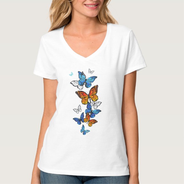 Flygande Butterflies Morpho och Monarch T Shirt (Framsida)