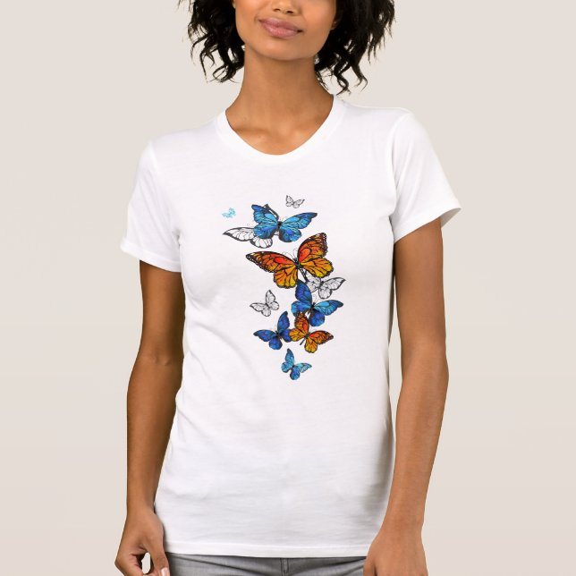Flygande Butterflies Morpho och Monarch T Shirt (Framsida)