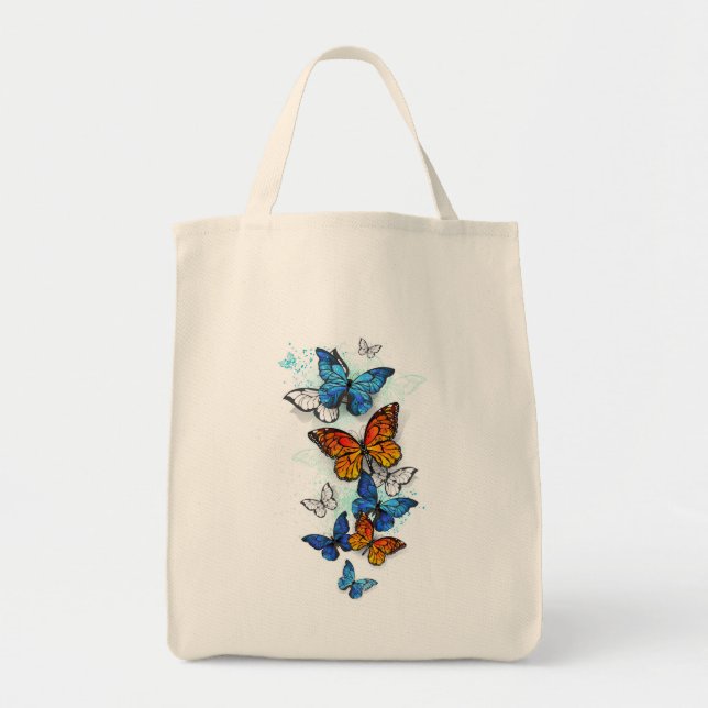 Flygande Butterflies Morpho och Monarch Tygkasse (Framsidan)