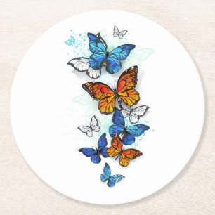 Flygande Butterflies Morpho och Monarch Underlägg Papper Rund