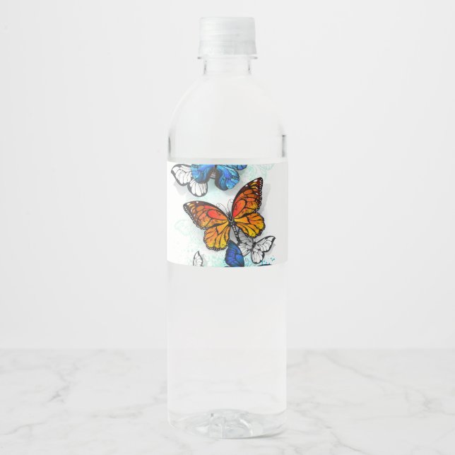 Flygande Butterflies Morpho och Monarch Vattenflaskor Etikett (Framsida)