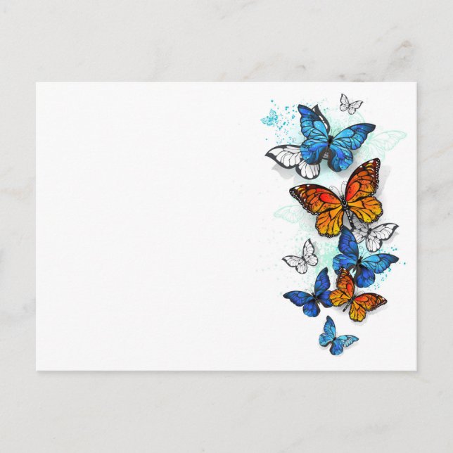 Flygande Butterflies Morpho och Monarch Vykort (Framsida)