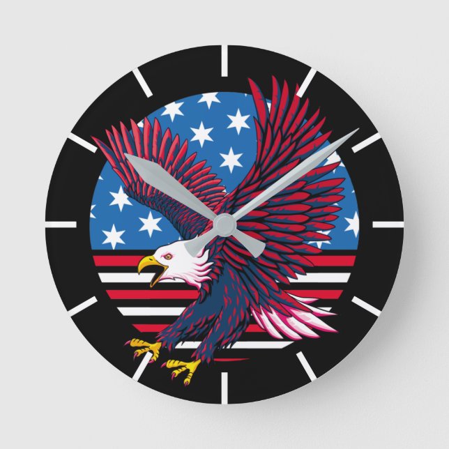Flygande Eagle och amerikansk Flagga Rund Klocka (Framsida)