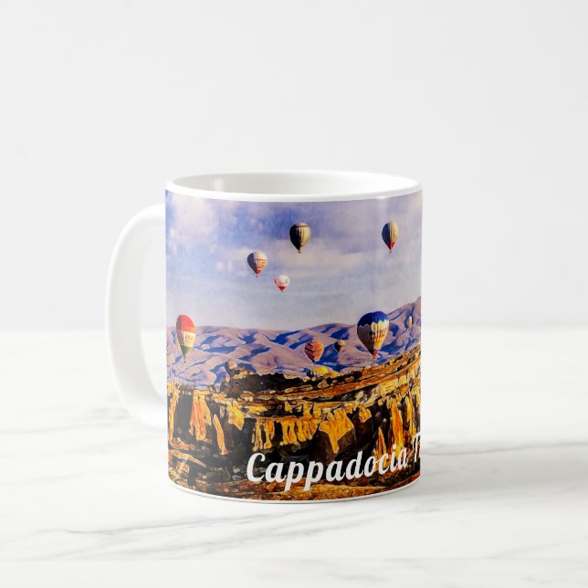 Flygande färgfulla luft-ballonger. Cappadocia, Tur Kaffemugg (Framsida vänster)