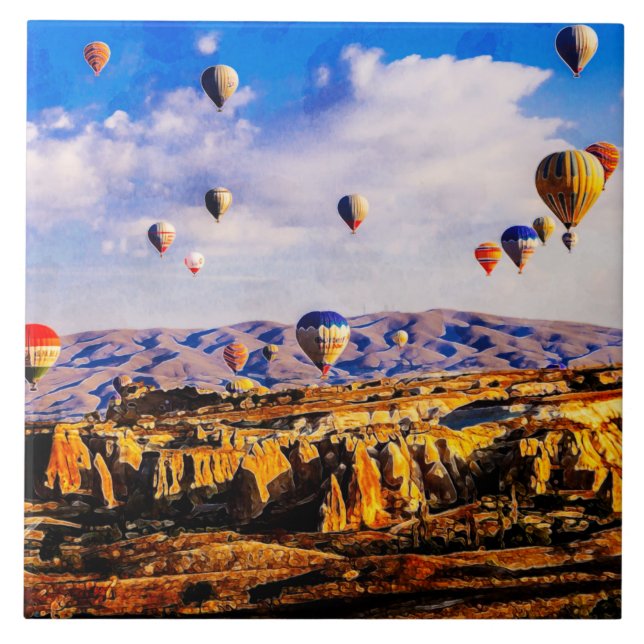 Flygande färgstarka ballonger i luft.  Cappadocia, Kakelplatta (Framsidan)
