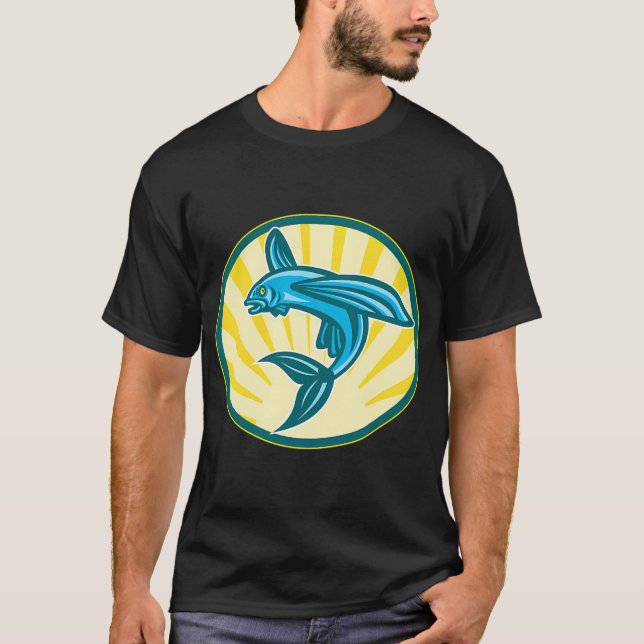 Flygande Fisk som Hoppar Retro Träsnitt T Shirt (Framsida)