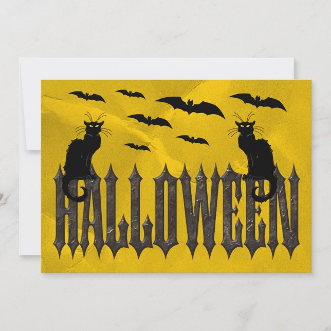 Flygande fladdermöss & kusliga katter Halloween Inbjudningar (Framsida)