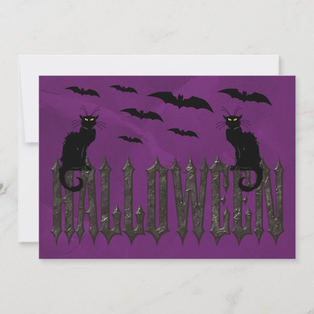 Flygande fladdermöss & läskiga katter Halloween Inbjudningar (Framsida)