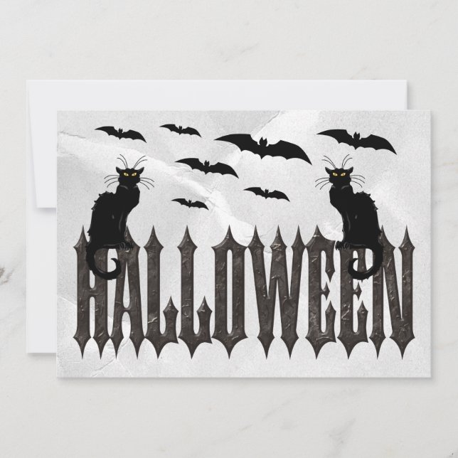 Flygande fladdermöss & läskiga katter Halloween Inbjudningar (Framsida)
