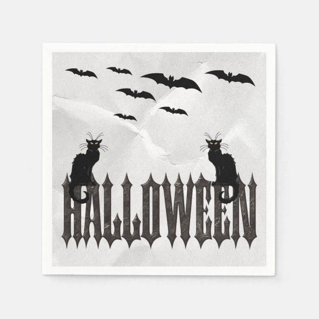 Flygande fladdermöss & läskiga katter Halloween se Pappersservett (Framsidan)