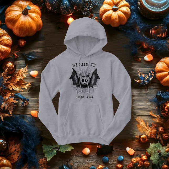 Flygande Fladdermus - Svart Retro Halvton Hallowee Hoodie (Skapare uppladdad)
