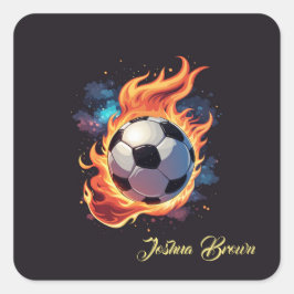 Flygande fotboll med lågor. fyrkantigt klistermärke