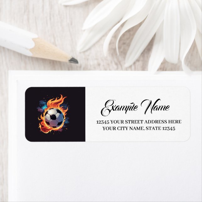 Flygande fotboll med lågor. returadress etikett (Insitu)