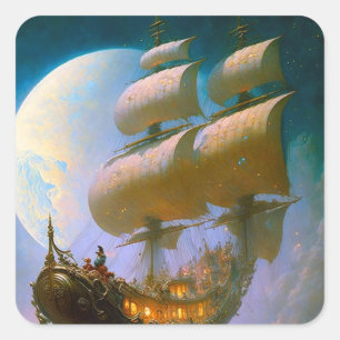 Flygande Frakt Fantasy Art Fyrkantigt Klistermärke