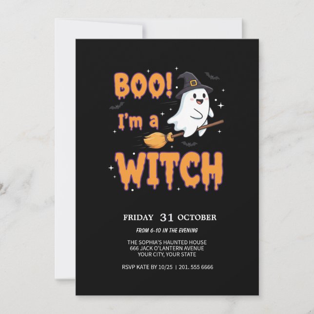 Flygande Ghost på Broom Spooky Party Card Inbjudningar (Framsida)