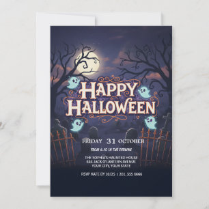 Flygande Ghost på Broom Spooky Party Card Inbjudningar