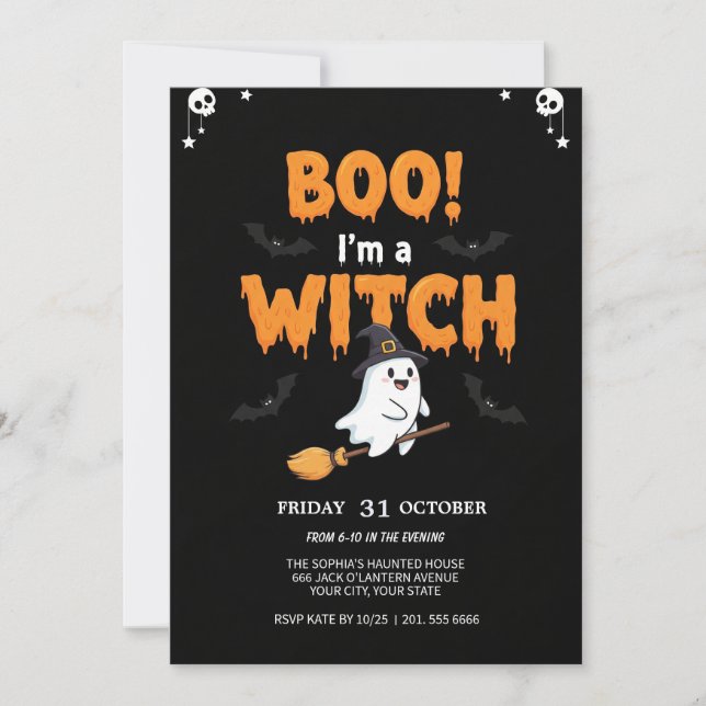 Flygande Ghost på Broom Spooky Party Card Inbjudningar (Framsida)