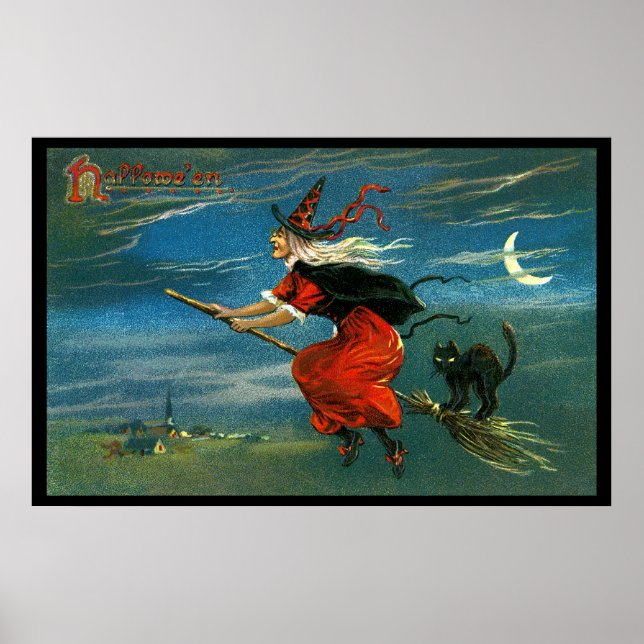 Flygande Halloween Witch med katt Poster (Framsidan)