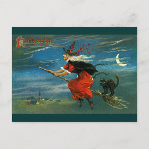 Flygande Halloween Witch med katt Vykort