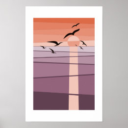 Flygande havsfåglar vid solnedgång Lila Orange Kon Poster