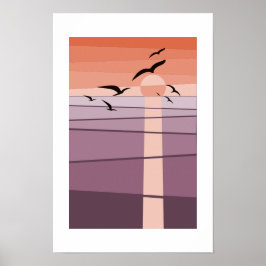 Flygande havsfåglar vid solnedgång Lila Orange Kon Poster