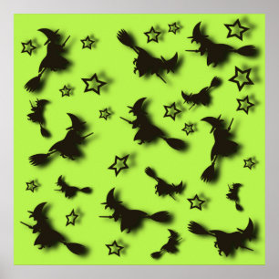 Flygande häxa bland stjärnor på Halloween natt 3D Poster