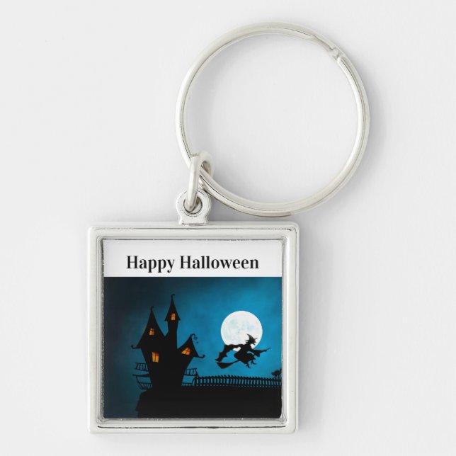 Flygande Häxa Fyrkantig Silverfärgad Nyckelring (Framsidan)