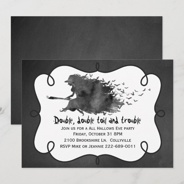 Flygande häxa Halloween-festinvitation Inbjudningar (Fram/baksida)