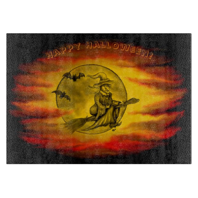Flygande häxa med svart katt, halloween natt (Framsidan)