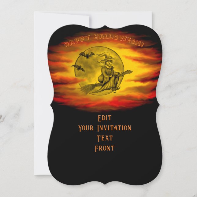 Flygande häxa med svart katt, Halloween natt Inbjudningar (Framsida)