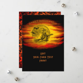 Flygande häxa med svart katt, halloween natt julkort