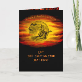 Flygande häxa med svart katt, halloween natt kort