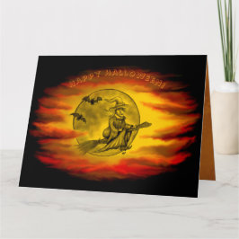 Flygande häxa med svart katt, halloween natt kort