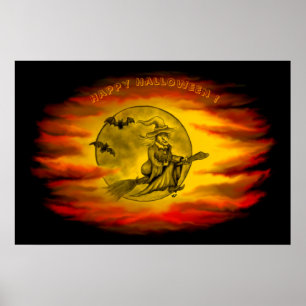 Flygande häxa med svart katt, halloween natt poster