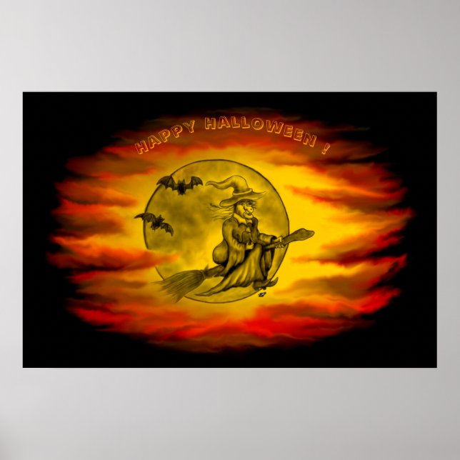 Flygande häxa med svart katt, halloween natt poster (Framsidan)