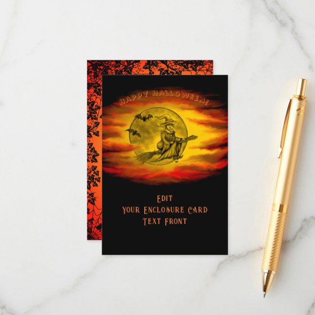 Flygande häxa med svart katt, halloween natt tilläggskort (Fram/Back In Situ)