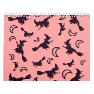 Flygande häxa mellan halva måne vid Halloween-natt Kalender
